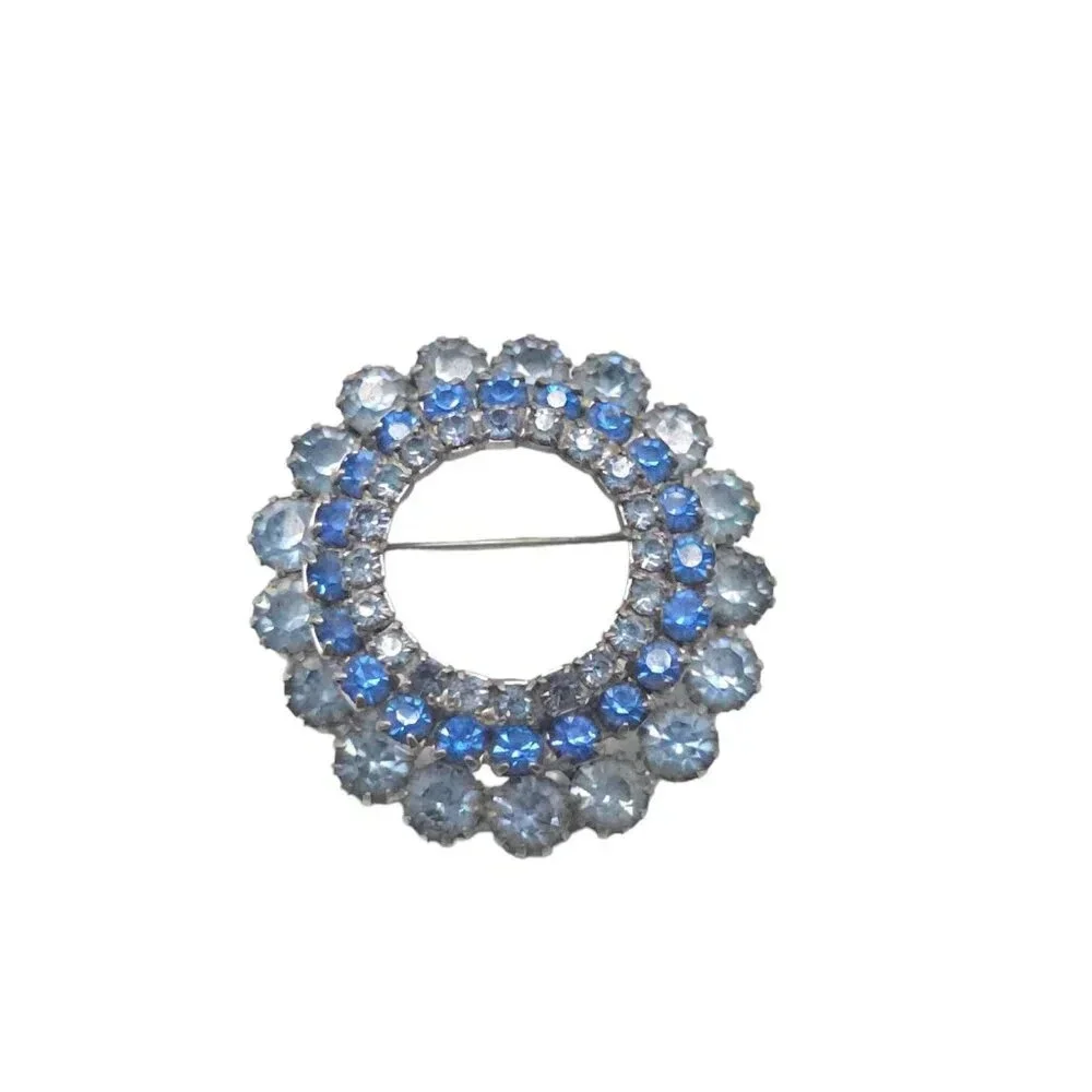 Blue Rhinestone Round Wreath Flower Brooch Pin Silver Tone Vintage